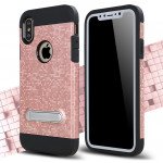 Wholesale Apple iPhone X (Ten) Pixel Hybrid Kickstand Case with Metal Plate for Car Mount (Rose Gold)